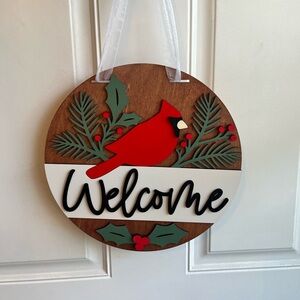 Handmade Laser Cut Cardinal Welcome Sign, Wood Round Sign, Front Door Hanger
